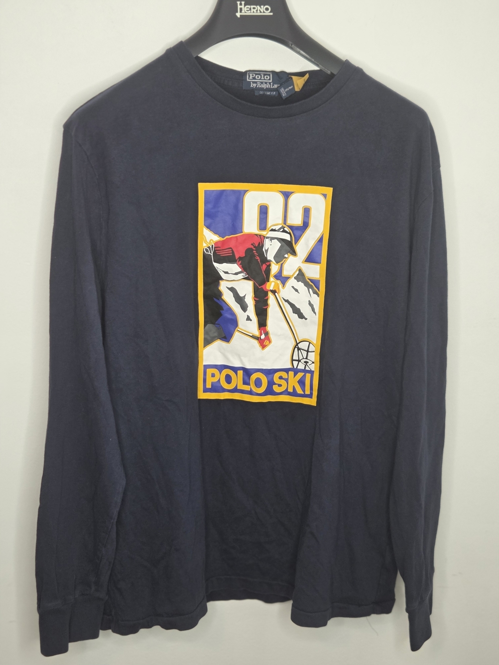 Polo by Ralph Lauren Mens Navy Long-Sleeve Shirt W/ Yellow Red Ski Graphic (M)